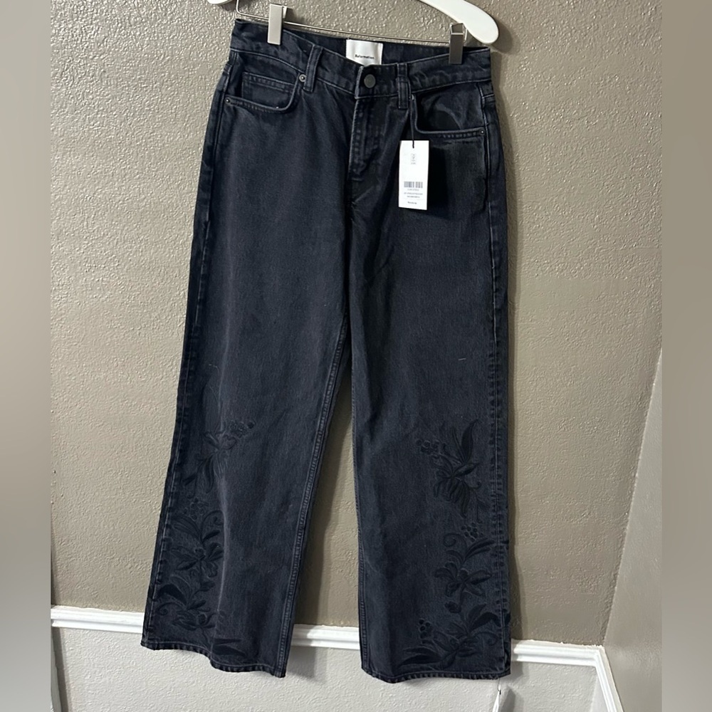 Reformation Cary Black Embroidered Low Rise Wide Leg Denim Size 23 Nwt